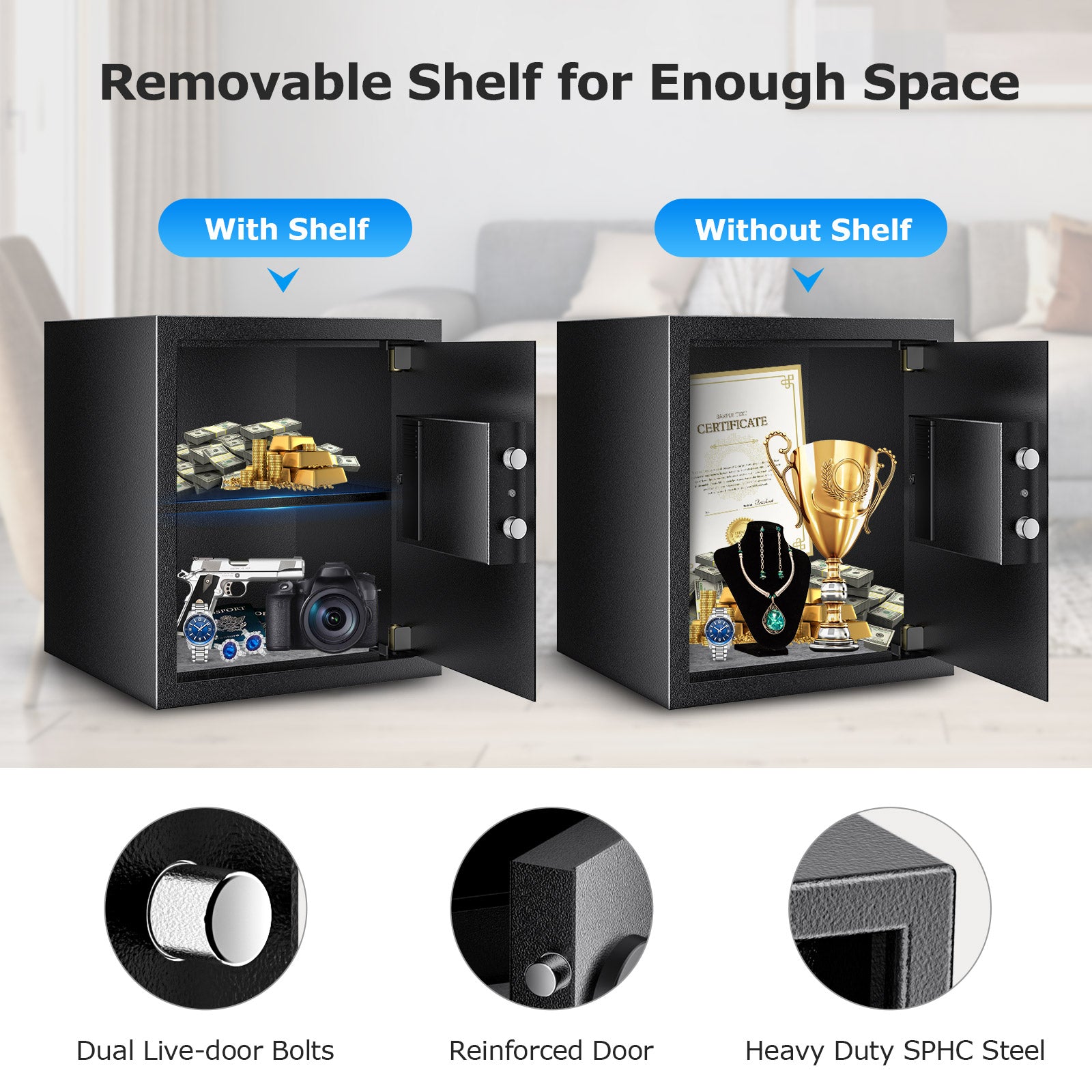 Bonsaii Safe, 0.6 Cubic Safe Box With Electronic Keypad, Removable Shelf, For Valuables Jewelry And Documents In Home, Hotel, Or Business, 9.84" X 13.78" X 9.84" Inches, SF002 - View #8