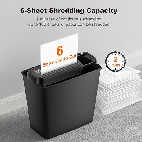 Bonsaii Paper Shredder for Home Use, 6 Sheet Strip Cut Small Paper Shredder Without Basket for Home Office, Portable Shredder with Extendable Arm Design (S123-B)