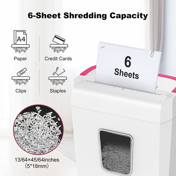Bonsaii 6-Sheet Cross-Cut Paper Shredder for Home Office Use, White+Pi