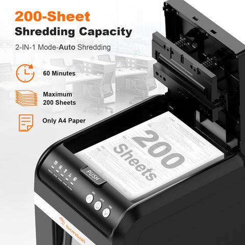 Bonsaii Paper Shredder 200-Sheet Auto-Feed Commercial
