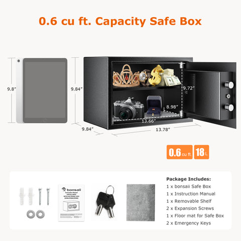 Bonsaii 0.6 Cubic Feet Safe Box Electronic Digital Security Money Documents Safe with Removable Shelf for Home Office Hotel,SF002-BLS